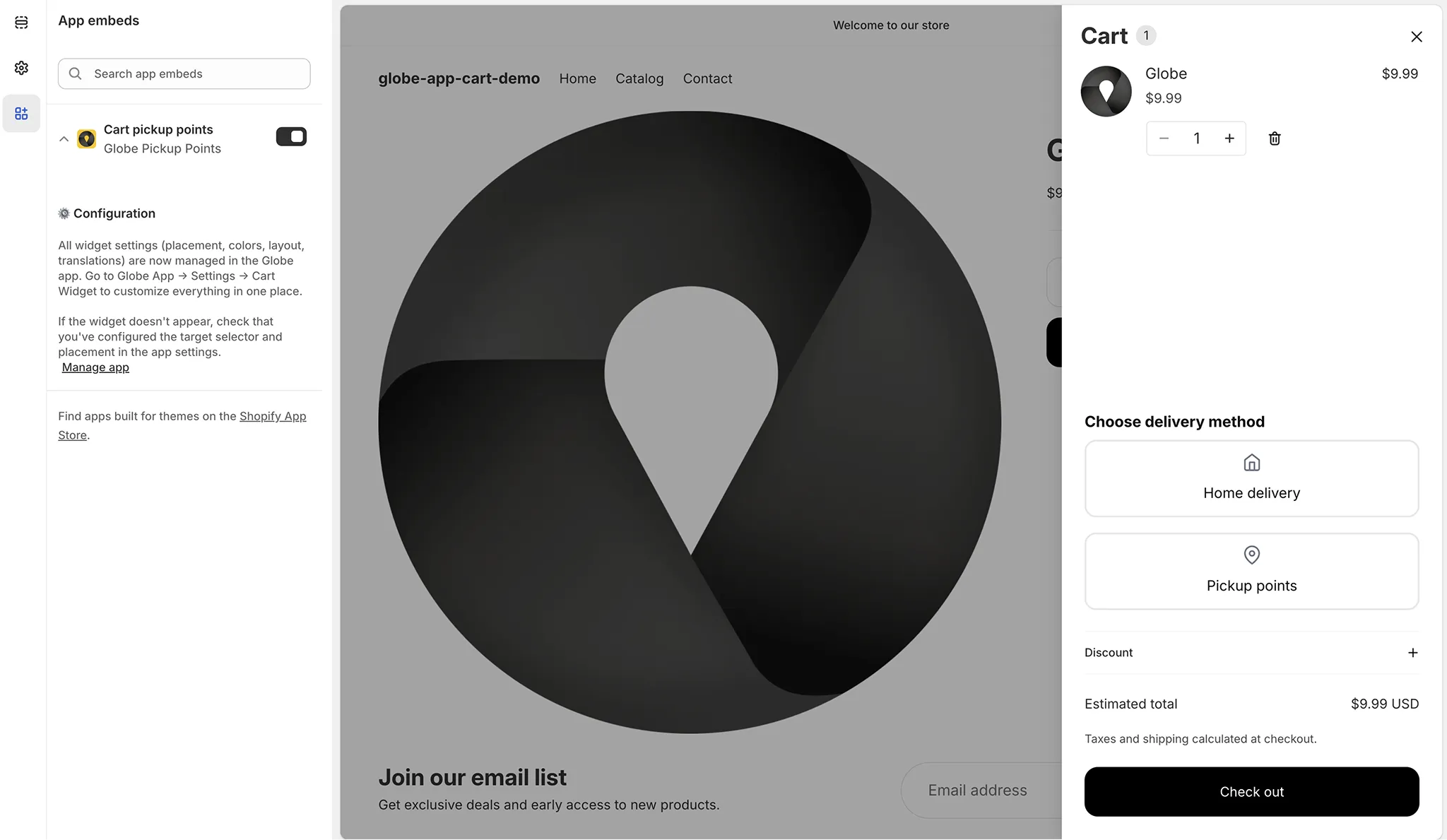 App beágyazások kapcsoló a Shopify téma szerkesztőben