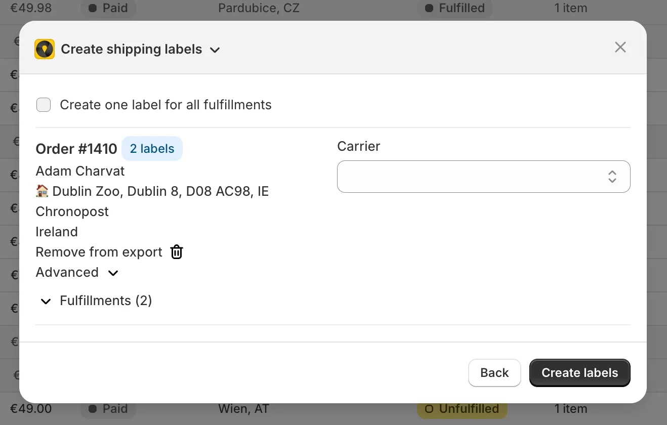 Label creation panel with an order split into two fulfillments