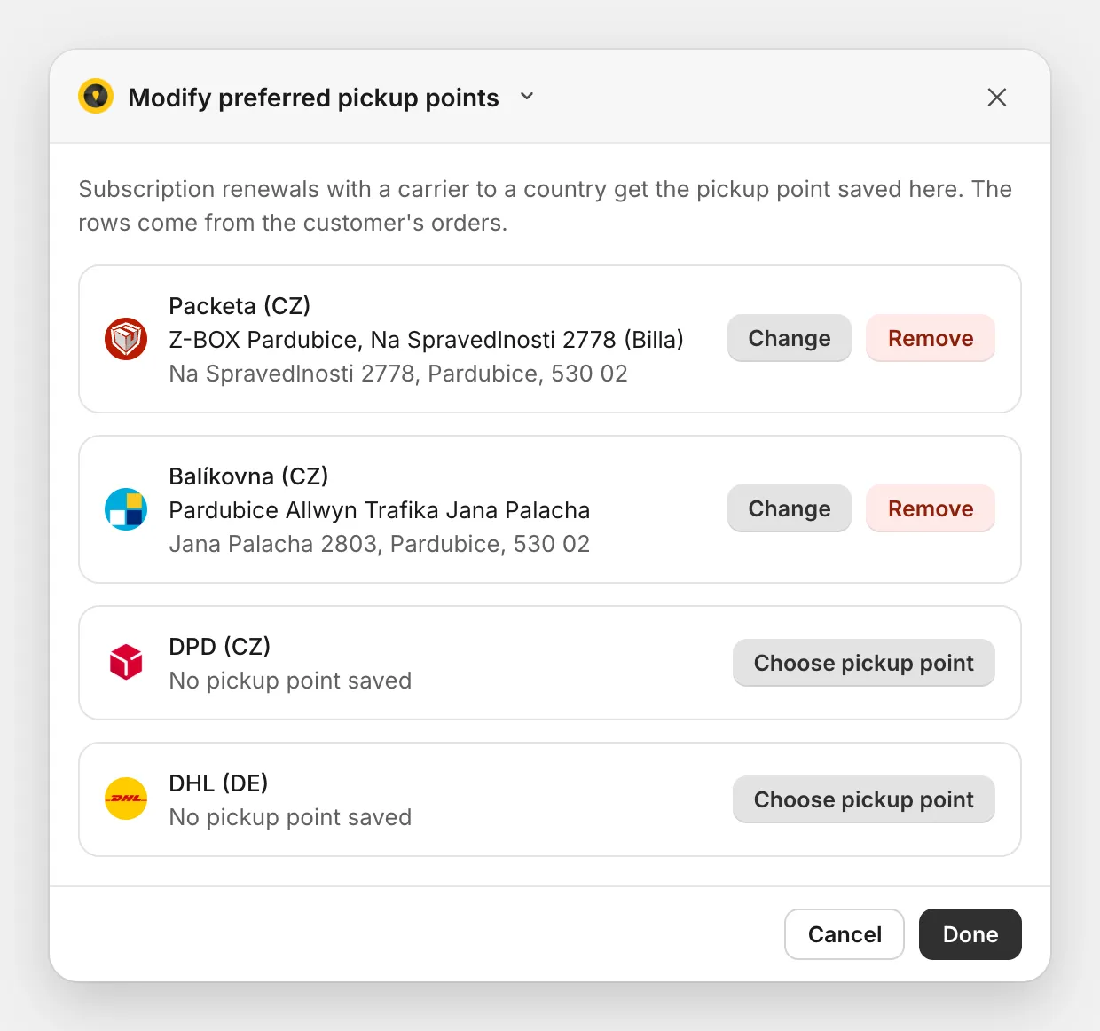 Modify preferred pickup points in Shopify admin