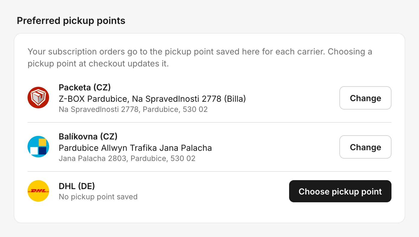 Preferred pickup points block in the customer account