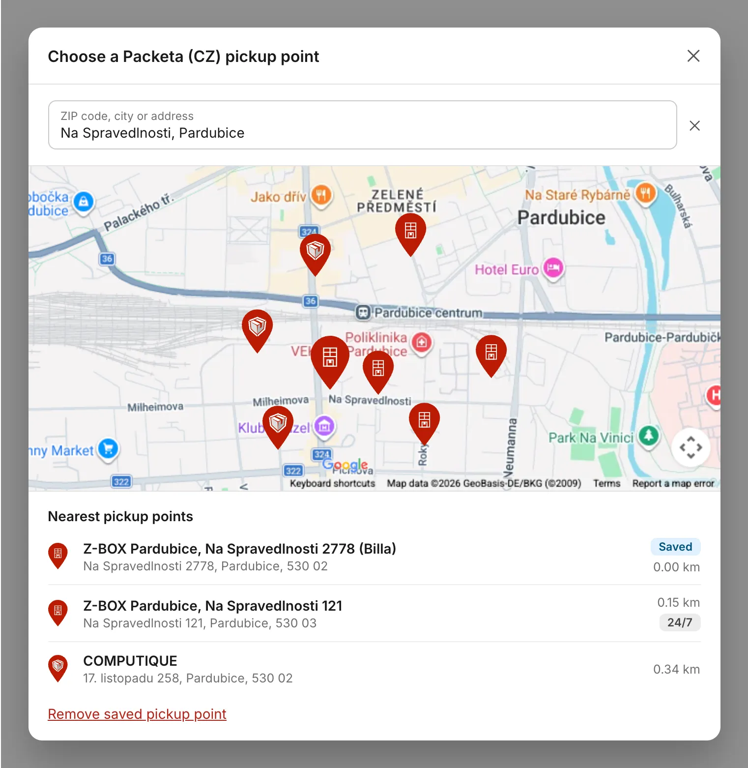 Choosing a pickup point on the map