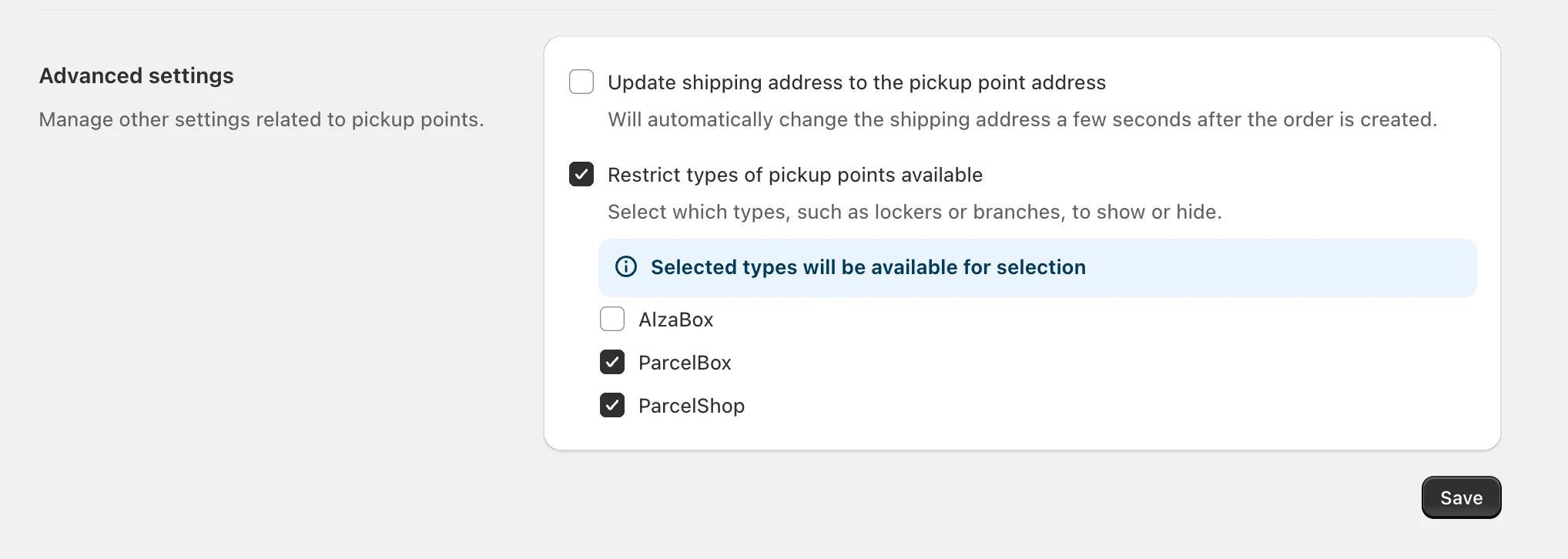 PPL instance restricted to ParcelShop and ParcelBox, with AlzaBox left for the second instance