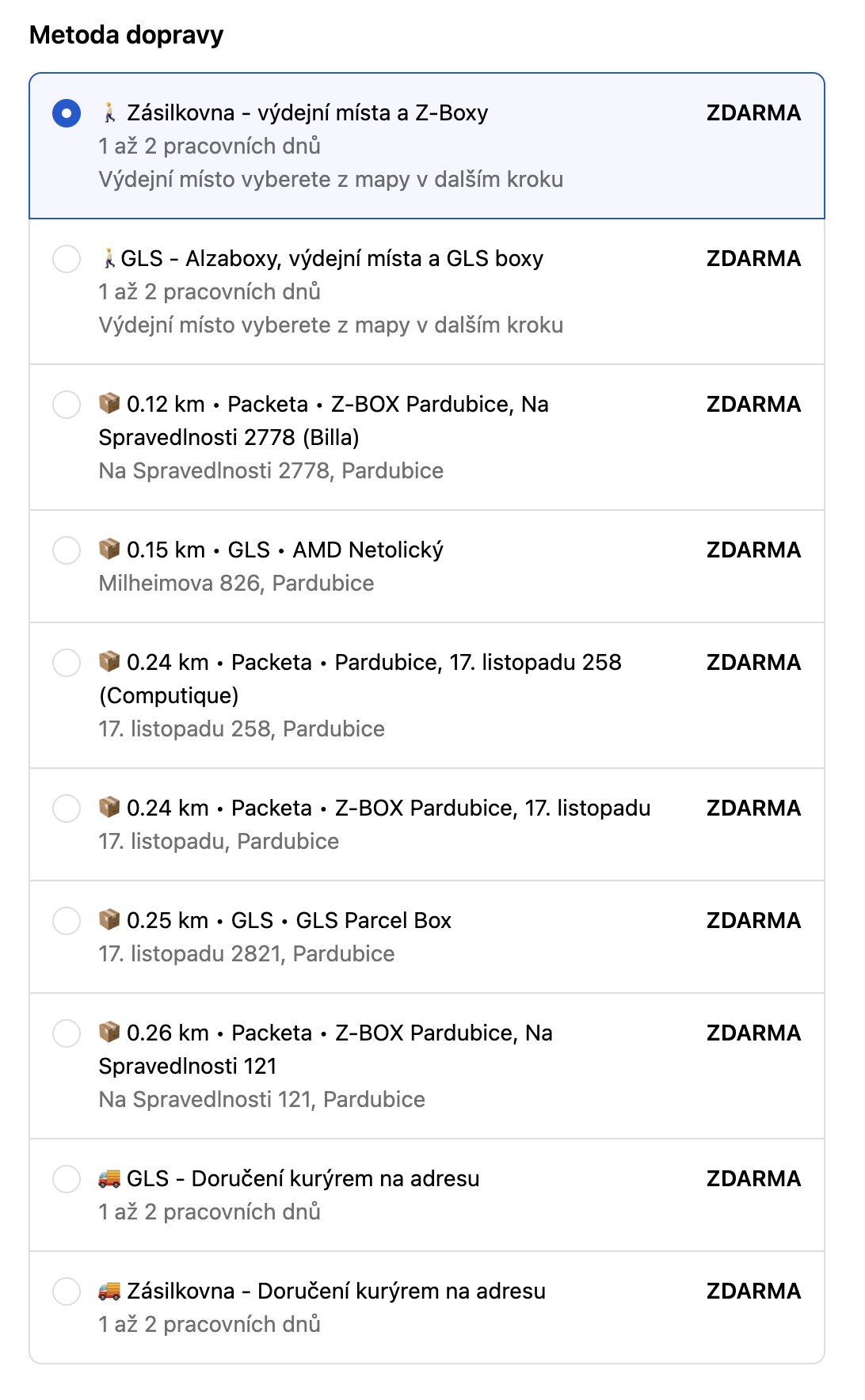 Výdejní místa jako možnosti dopravy v pokladně Shopify